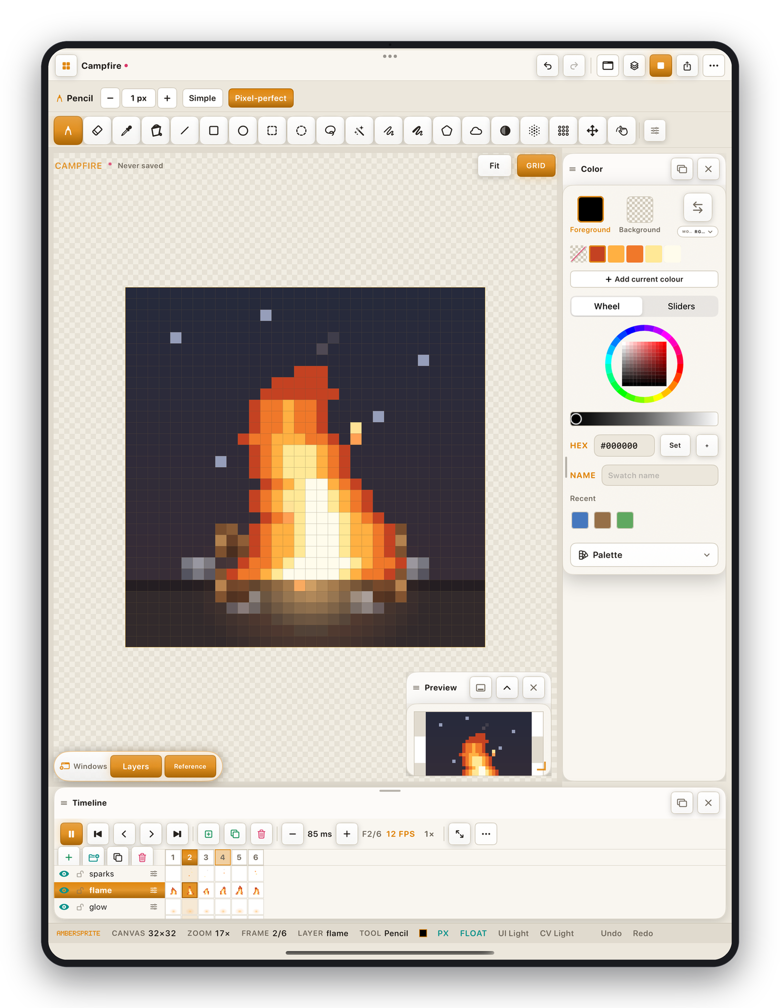 Ambersprite editing a pixel character on iPad