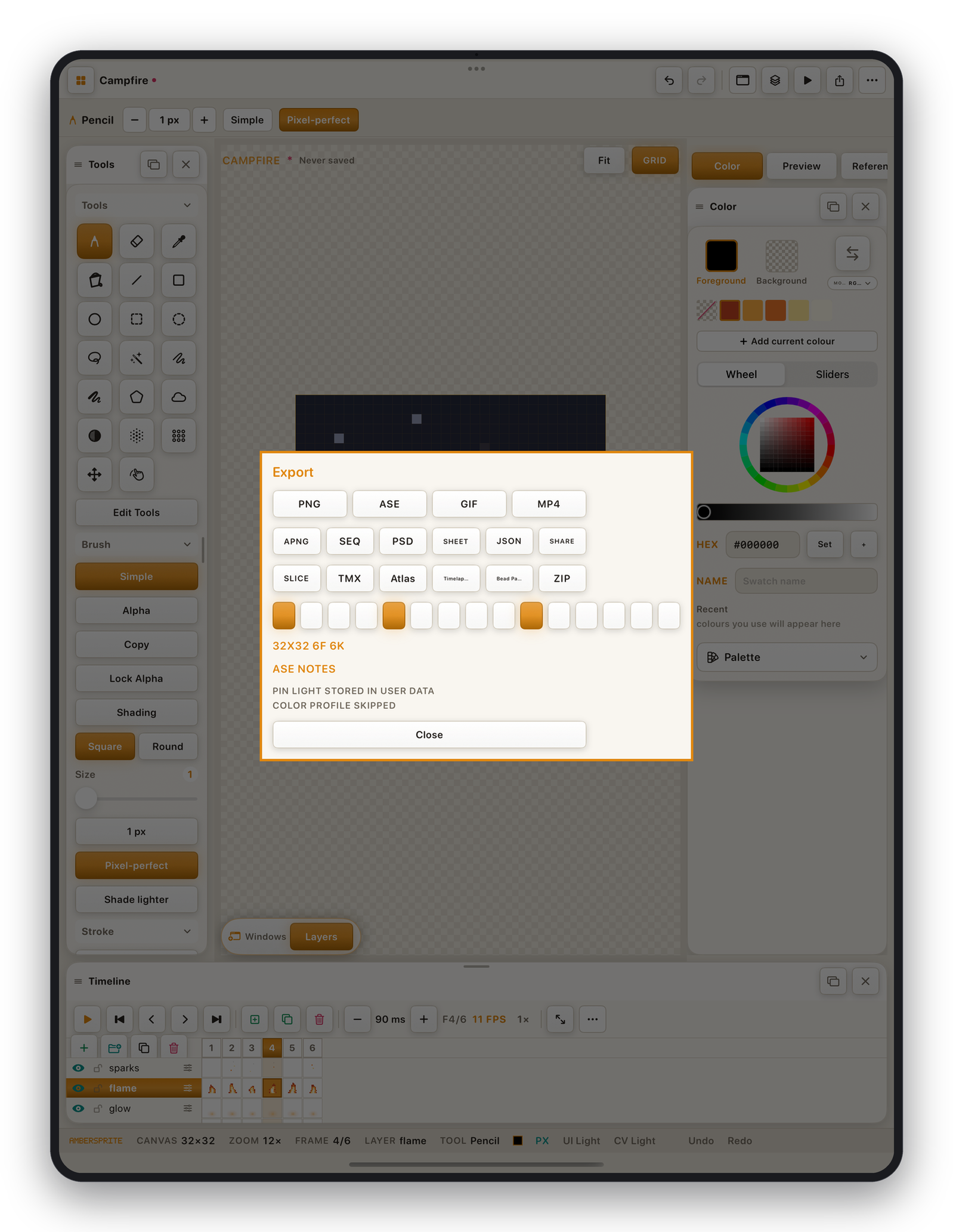 The Export panel
