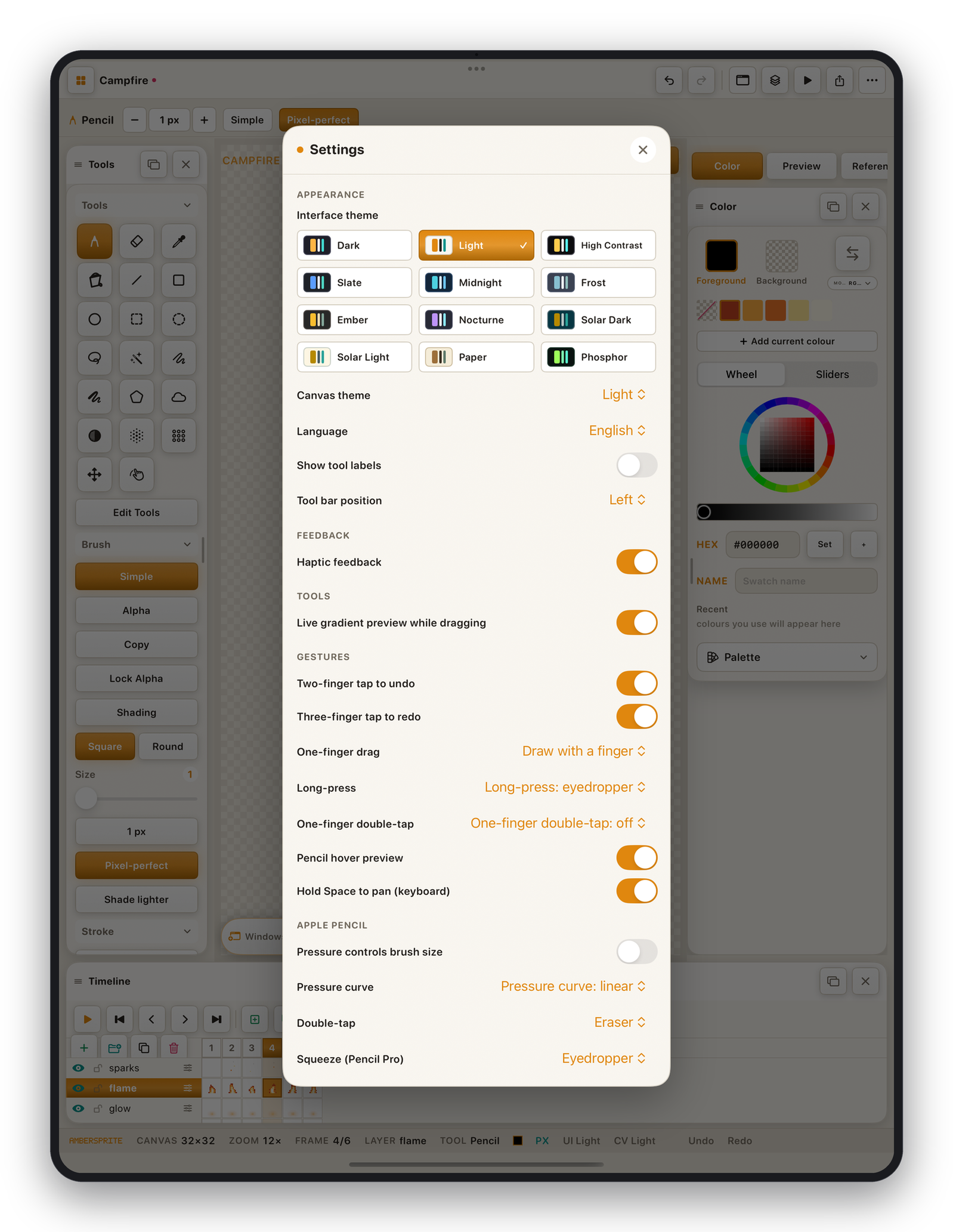 The Settings sheet with the theme grid